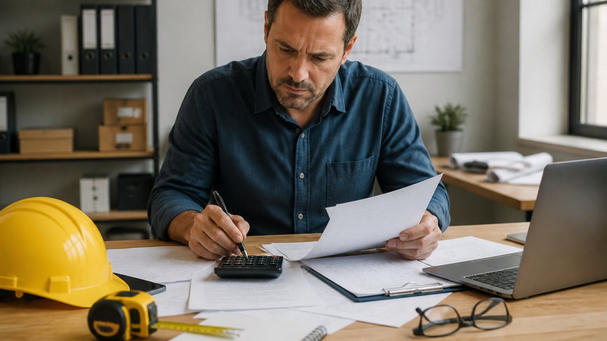 Construction business owner reviewing financial documents and tax records at desk with calculator and laptop, natural office lighting