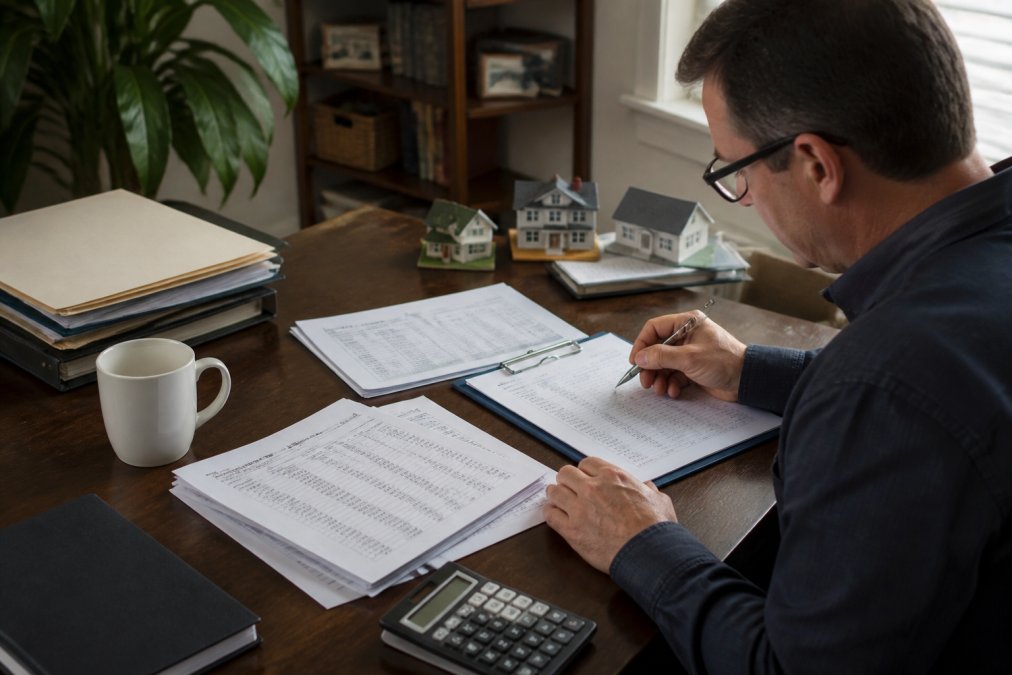 A real estate investor reviewing tax documents and property spreadsheets at a home office desk with a laptop, calculator, and coffee mug nearby