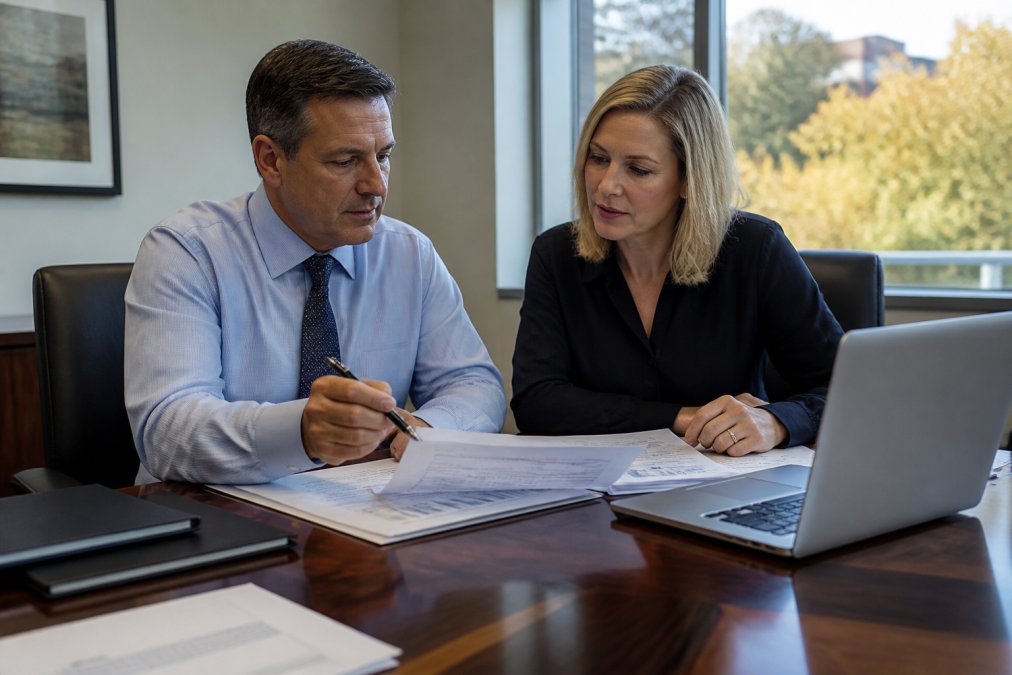 Financial advisor and client reviewing documents to compare complex tax strategies at a polished table.