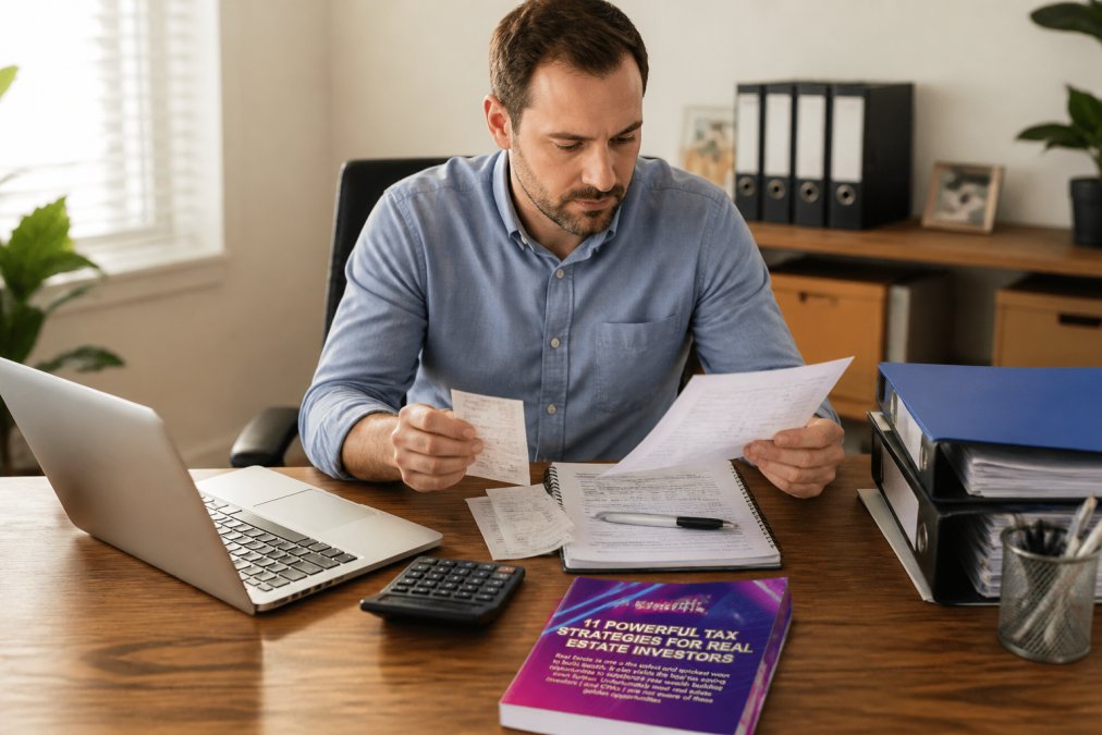 Real estate investor reviewing rental property expense receipts and documents at a desk with a calculator, laptop, and organized files in natural office lighting