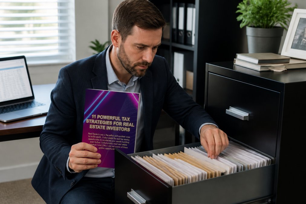 Property manager or investor organizing files and records in a filing cabinet with organized documents, folders, and a laptop showing property management software in professional office lighting