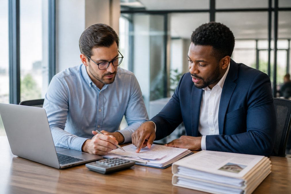 Real estate investor and advisor reviewing property depreciation schedules as a tax strategy for multi property investors