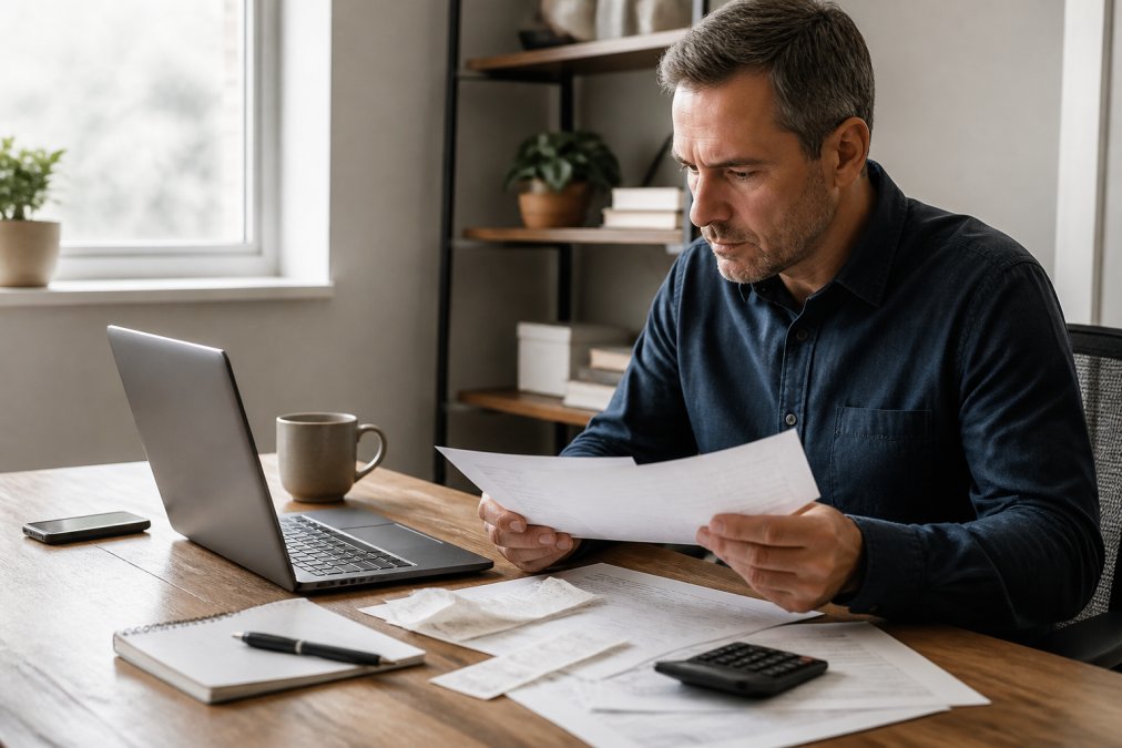 A small business owner reviewing financial documents and receipts at a clean desk with a laptop open to a spreadsheet and a cup of coffee nearby