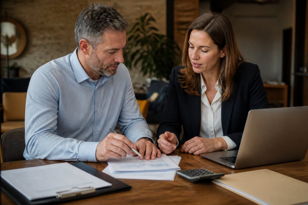 Infographic comparing tax strategy vs tax filing processes with a professional advisor and business owner.