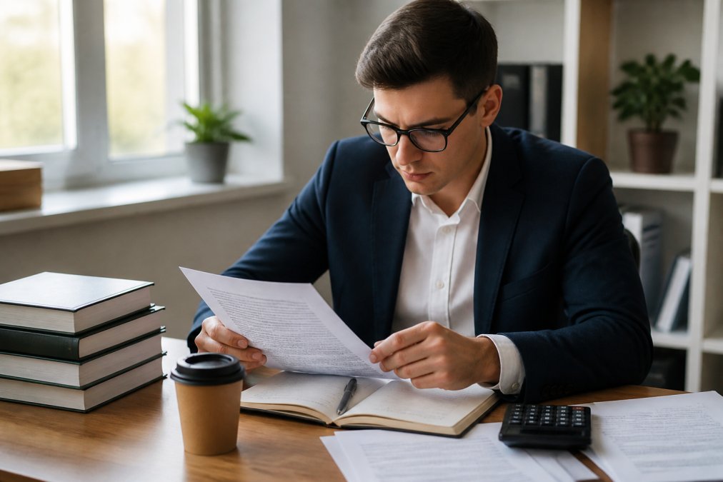 Young professional studying tax documents and regulations at a desk with laptop, notebooks, coffee cup, and calculator in natural office lighting