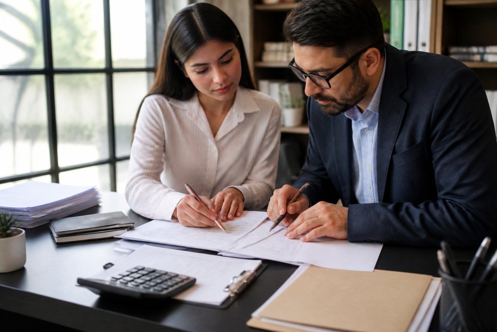 Professional tax preparer and accounting student working together at desk reviewing tax returns and discussing tax planning strategies, modern office with natural light