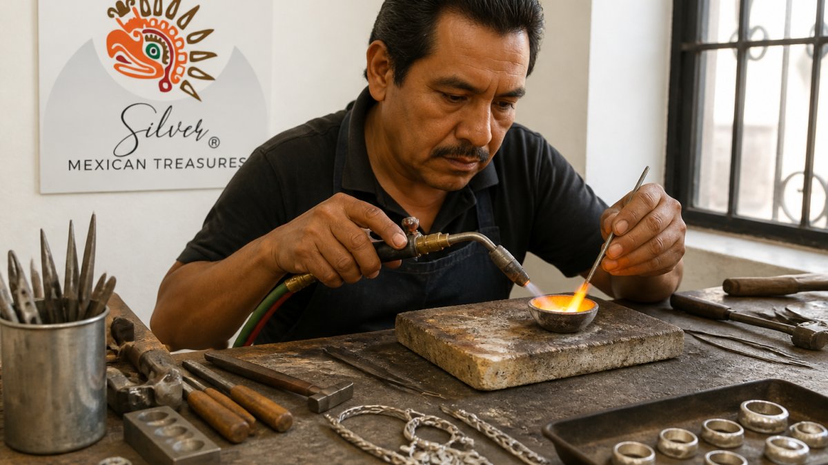 Taxco silversmith's hands shaping molten silver over a workbench with traditional metalworking tools, bright workshop lighting illuminating the artisan's focused expression