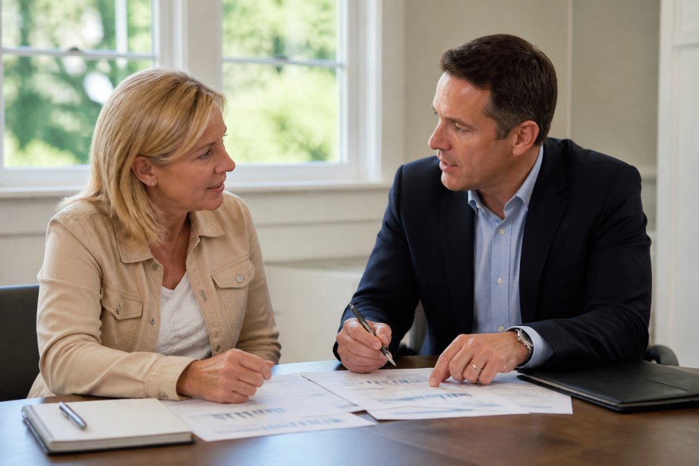 Financial advisor and client discussing documents, a taxfyle alternative for professional tax planning services
