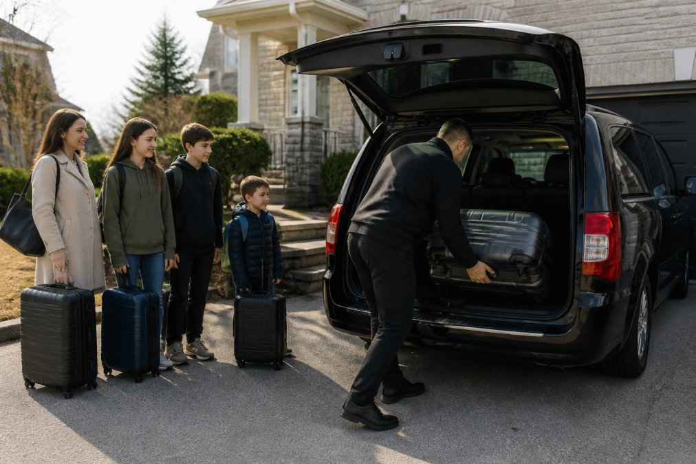 A taxi driver loading large suitcases into the open trunk of a minivan at a residential driveway, with a family of five waiting nearby holding carry-on bags, morning light