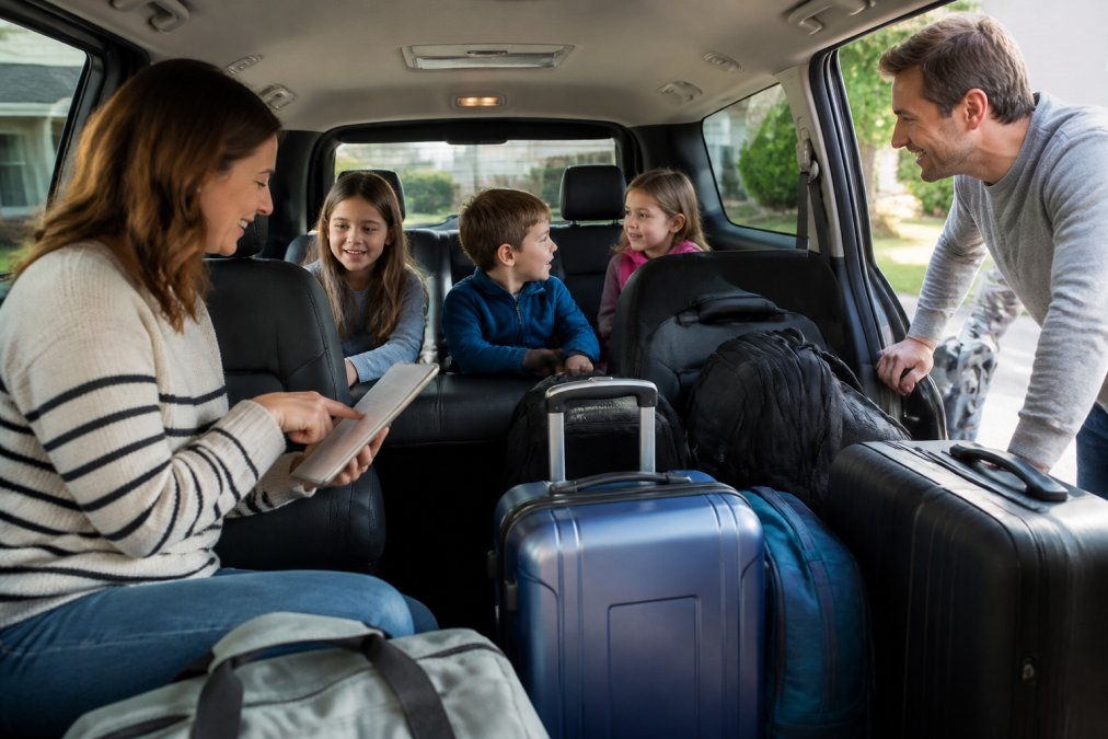 Une famille de cinq personnes organisant ses bagages dans un minivan avant un taxi aéroport pour famille nombreuse.