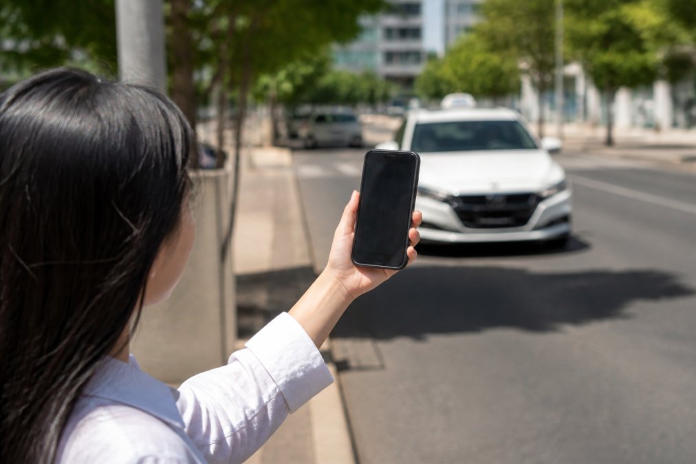Passenger holding smartphone displaying live GPS tracking map with driver location pin, estimated arrival countdown, and vehicle details visible on screen in bright daylight