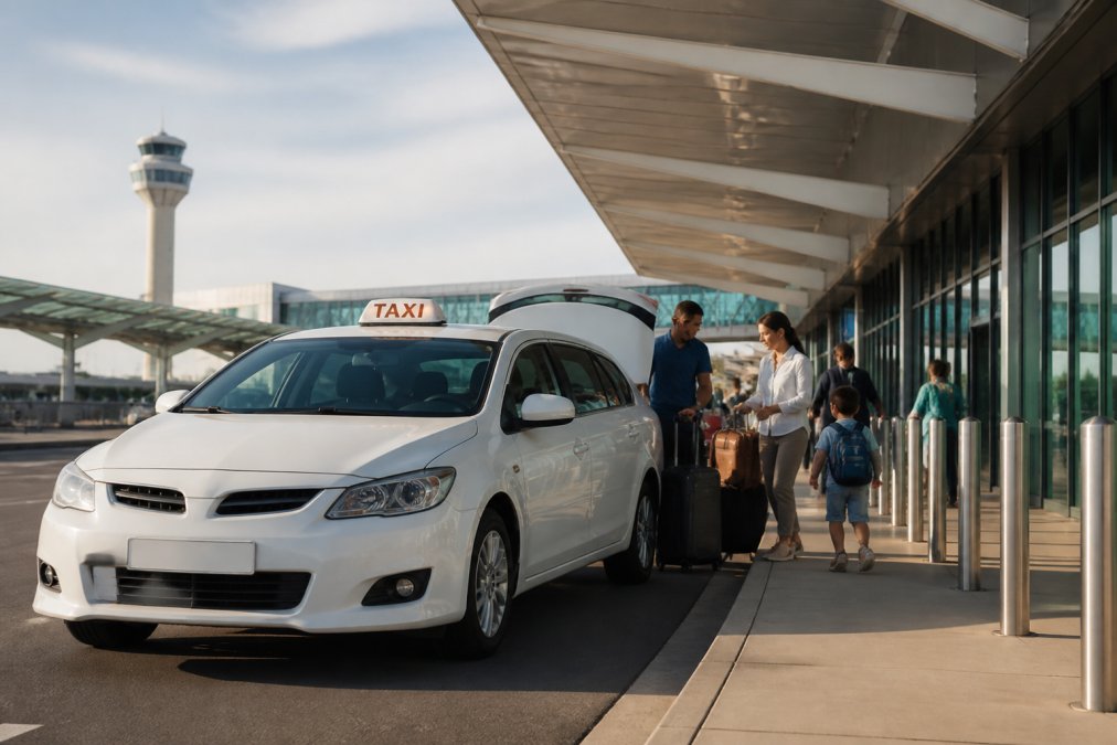 Professional taxi vehicle pulling up to Perth Airport terminal entrance with passengers loading luggage, modern airport architecture and afternoon sunlight visible