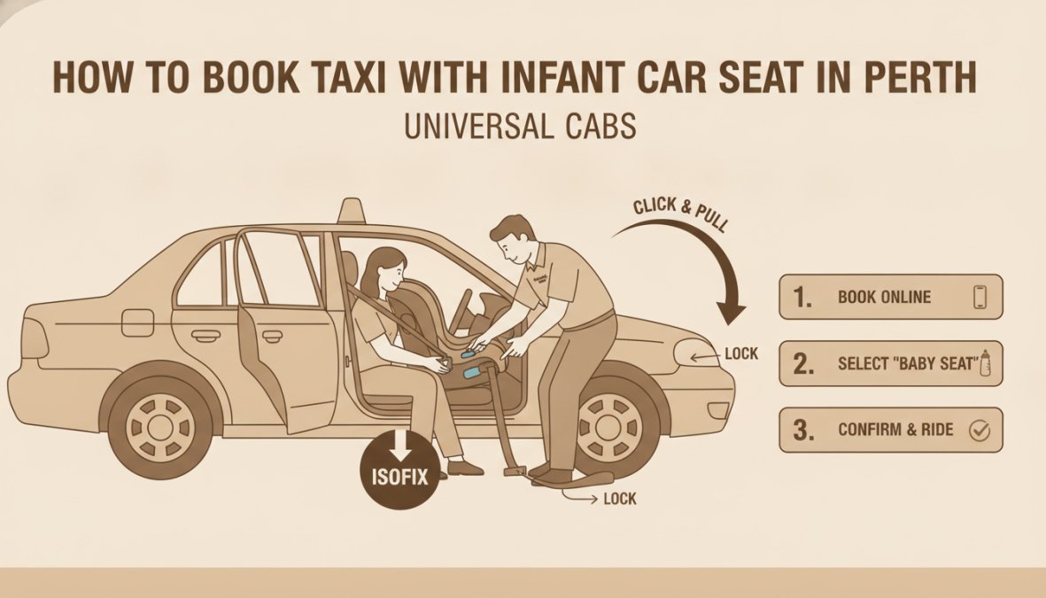 Parent and taxi driver verifying proper infant car seat installation in rear of taxi, checking harness tightness and seat stability with natural daylight through window