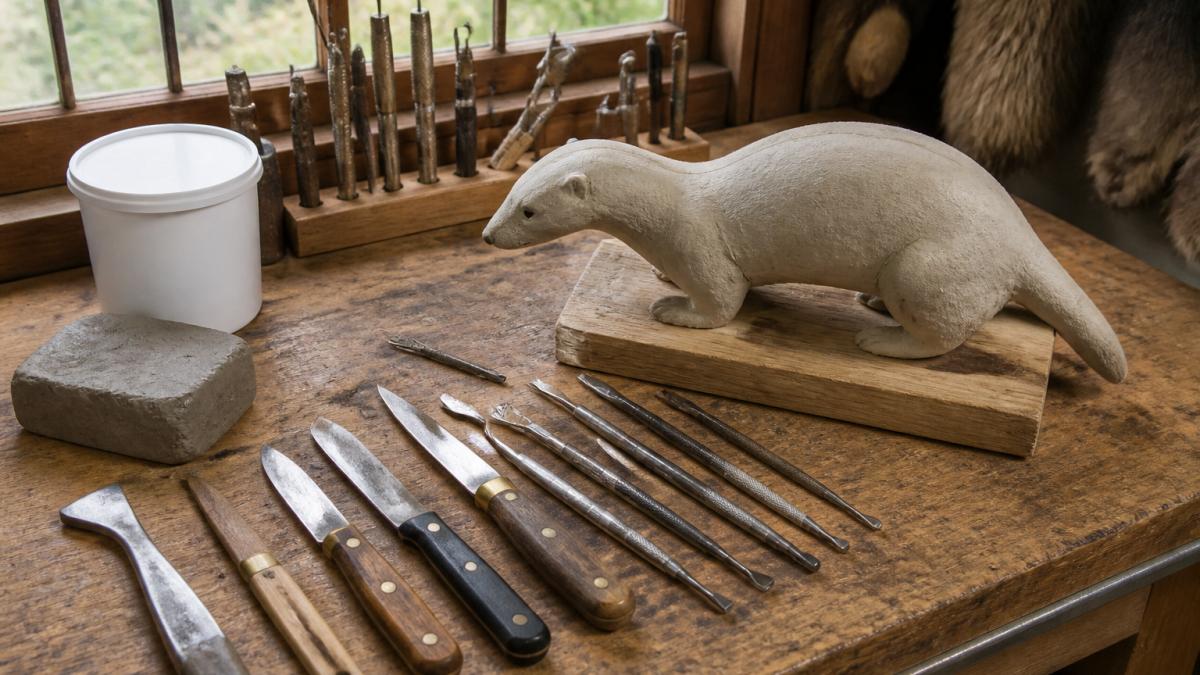 Workbench featuring essential taxidermy supply tools like scalpels, modeling clay, and a small mammal form.