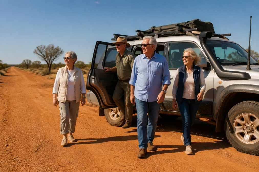 A group of happy mature-aged travellers in their 60s stepping out of a rugged 4WD vehicle on a red dirt outback road, dry scrub in the background, smiling and relaxed in warm afternoon light