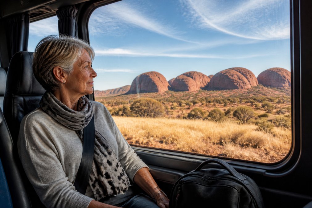 A confident older woman travelling alone, sitting comfortably in the window seat of a touring vehicle, looking out at a scenic Australian landscape of red rock formations and golden grassland, small travel bag resting beside her seat