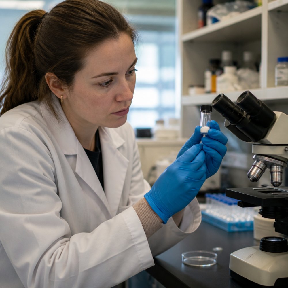 A close-up of a researcher's gloved hands carefully handling a small vial of peptide powder next to a microscope in a clean laboratory setting