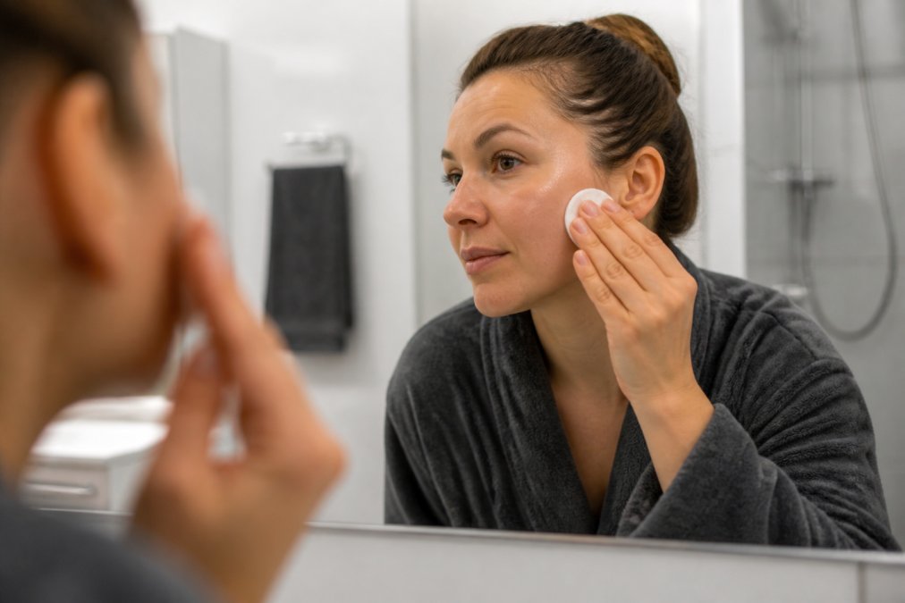 A close-up of a person's hand applying TCA peel solution to their cheek with a cotton pad, facing a mirror in a clean, well-lit bathroom