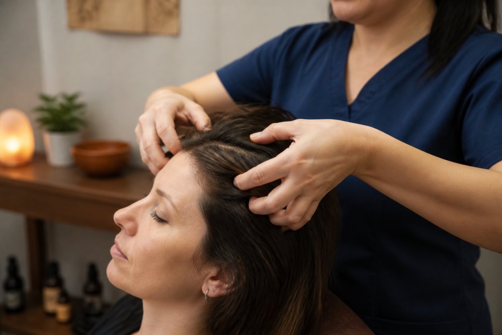 Professional demonstrating hands-on scalp massage technique with thumbs applying firm pressure to scalp, showing finger positioning and technique on a client's head
