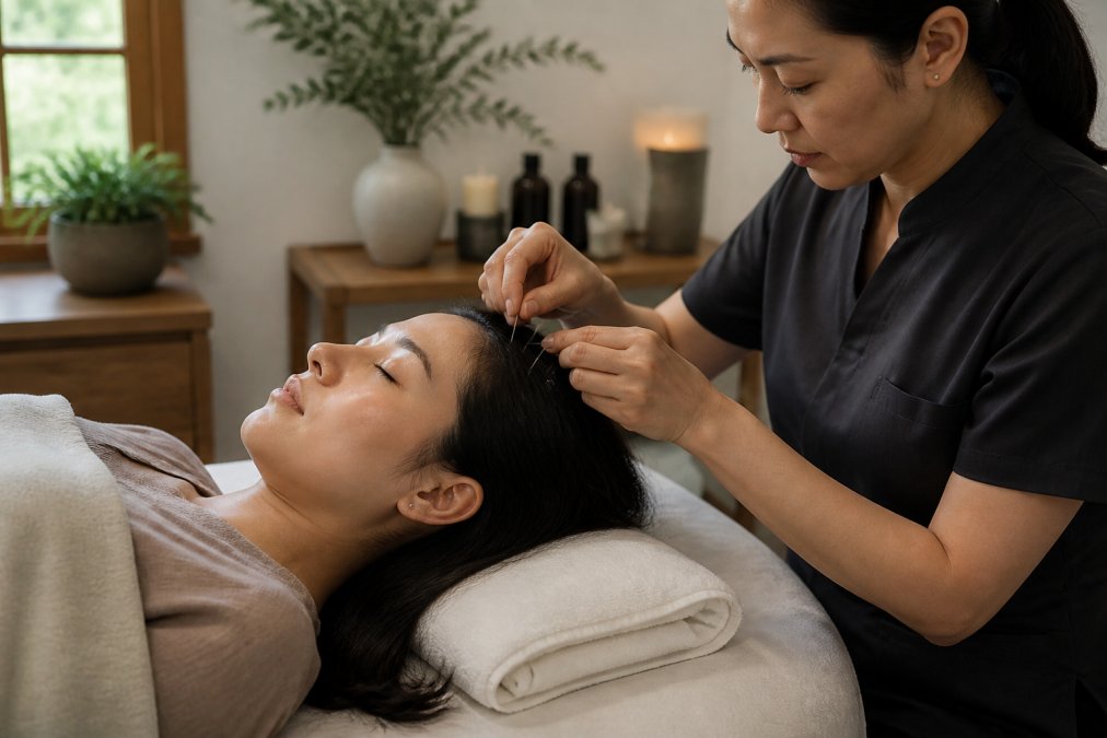 A woman lying comfortably on a treatment table in a calm, softly lit spa room while a licensed acupuncturist gently places fine needles along her scalp, natural light, peaceful atmosphere