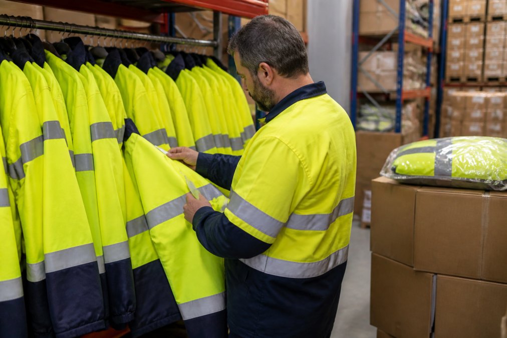 A warehouse supervisor in high-visibility clothing inspecting a rack of reflective workwear, checking tags and condition, with stacked boxes of replacement garments nearby in a bright industrial storeroom