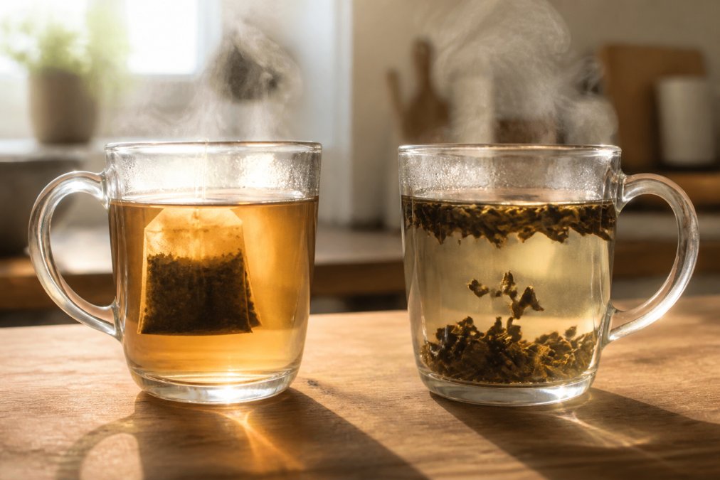 Close-up of two glass cups side by side on a wooden kitchen counter, one containing a paper tea bag steeping and the other holding loose tea leaves expanding freely in hot water, with steam rising and soft morning light