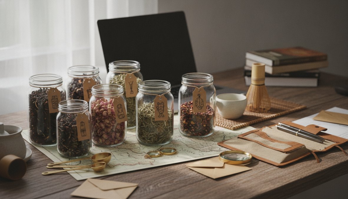 Close-up of hands measuring loose leaf tea into a glass steepware infuser, with multiple small bowls of different tea varieties, black, green, and oolong, visible in the background on a kitchen counter, warm ambient lighting
