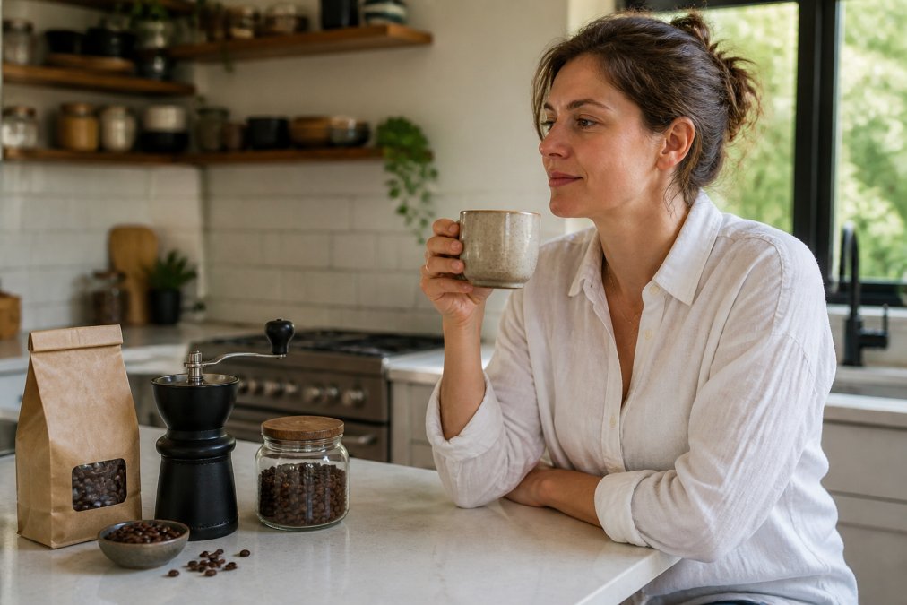 A person working from a laptop at a bright kitchen counter, holding a ceramic mug of freshly brewed coffee, with a small burr grinder and a bag of whole beans nearby