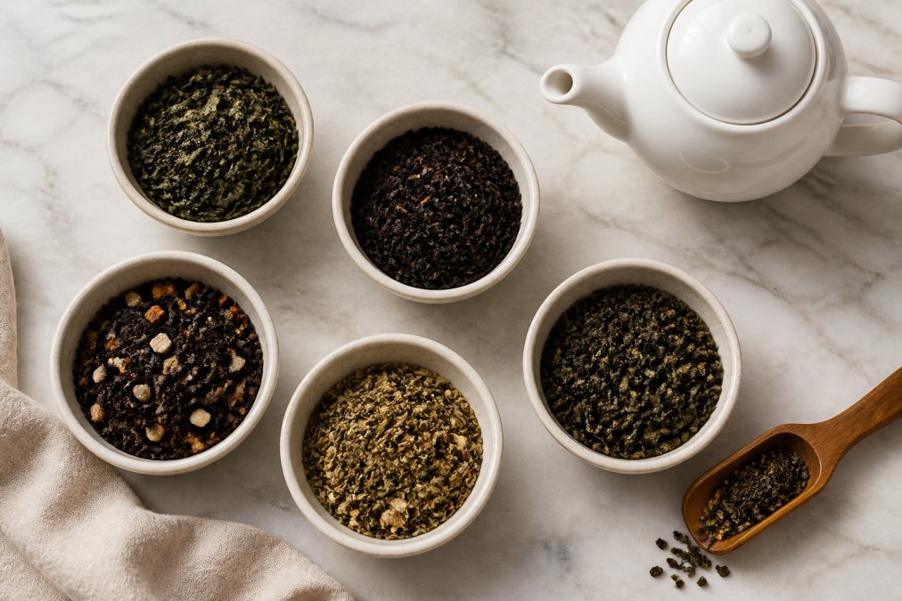 A flat lay of several small ceramic bowls filled with different loose leaf teas, including green, black, and spiced varieties, with a wooden scoop and a white teapot resting on a light marble countertop