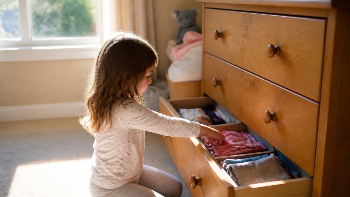 Young child choosing clothes from a low dresser drawer in a sunlit room