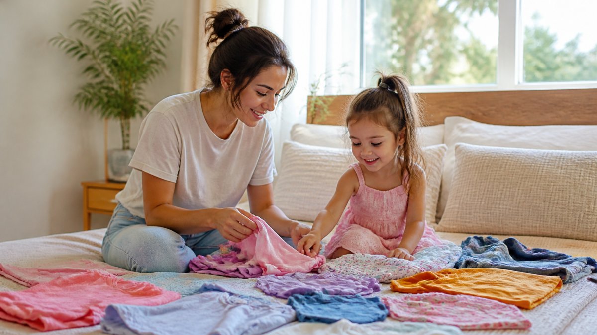 Parent and young child smiling while picking out colorful clothes together on a bed in the morning light
