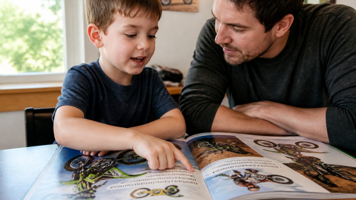 Adult guiding a preschooler through a phonics activity using a dirt bike themed book in a bright room