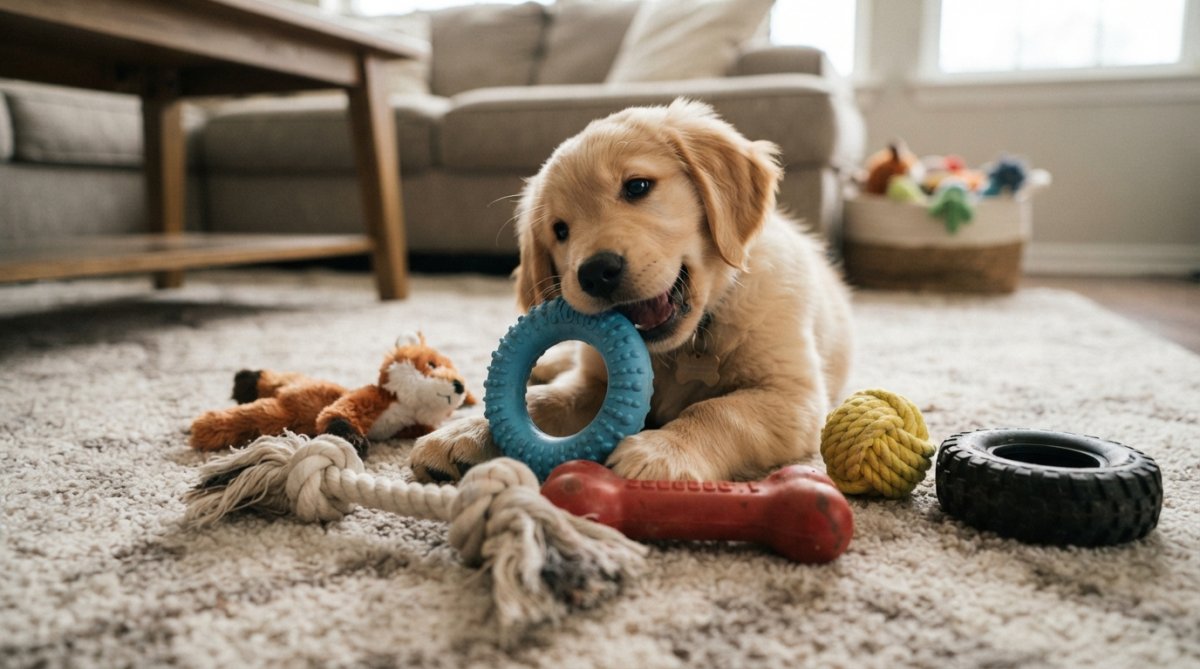 Puppy playing with a variety of textured chew toys on a soft carpet, showing different toy types including rubber rings, plush toys, and rope toys arranged together