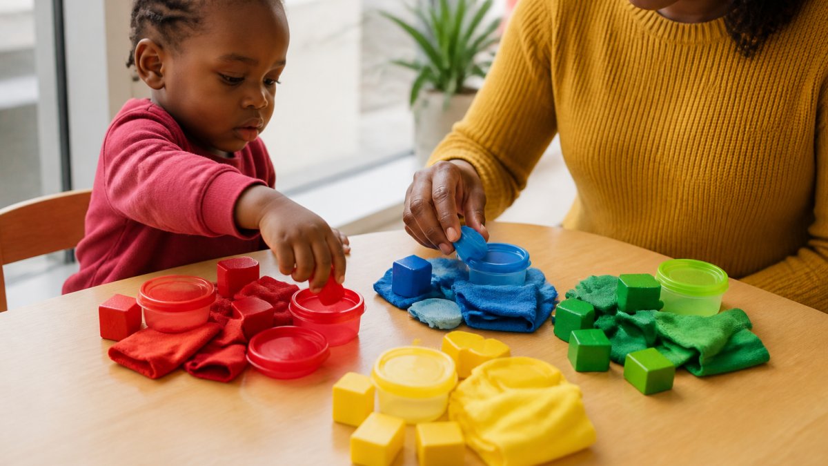 A toddler sitting at a low table with a caregiver, sorting coloured household objects like plastic containers, fabric scraps, and wooden blocks into separate piles by colour, with natural daylight from a nearby window