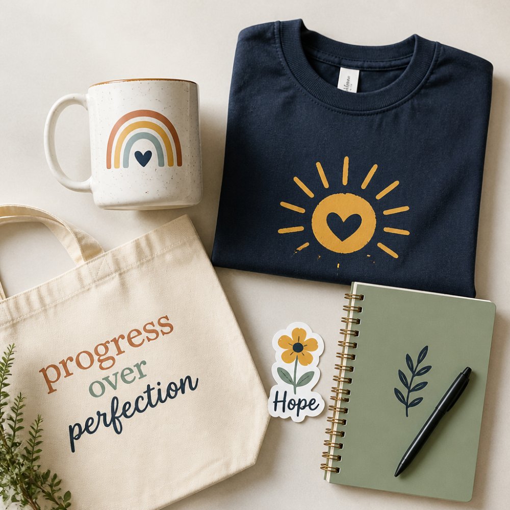 A colorful flat-lay arrangement of various gift items, a ceramic mug, t-shirt, tote bag, sticker, and journal, displayed on a bright, neutral background with natural lighting