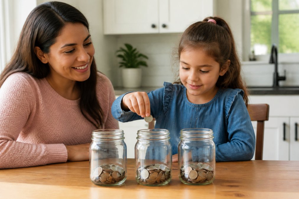 Parent and child using a three-jar system for teaching children about money management by saving, spending, and giving.