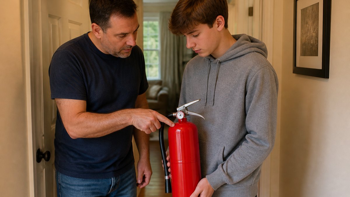 A parent and a teenager standing in a home hallway practicing with a fire extinguisher, the parent pointing at the pressure gauge while the teen holds the unit, warm indoor lighting, focused expressions