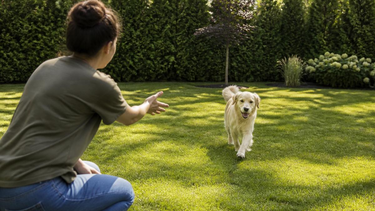 Dog owner in a quiet backyard calling their dog to return, demonstrating foundational recall training with minimal distractions, bright daylight