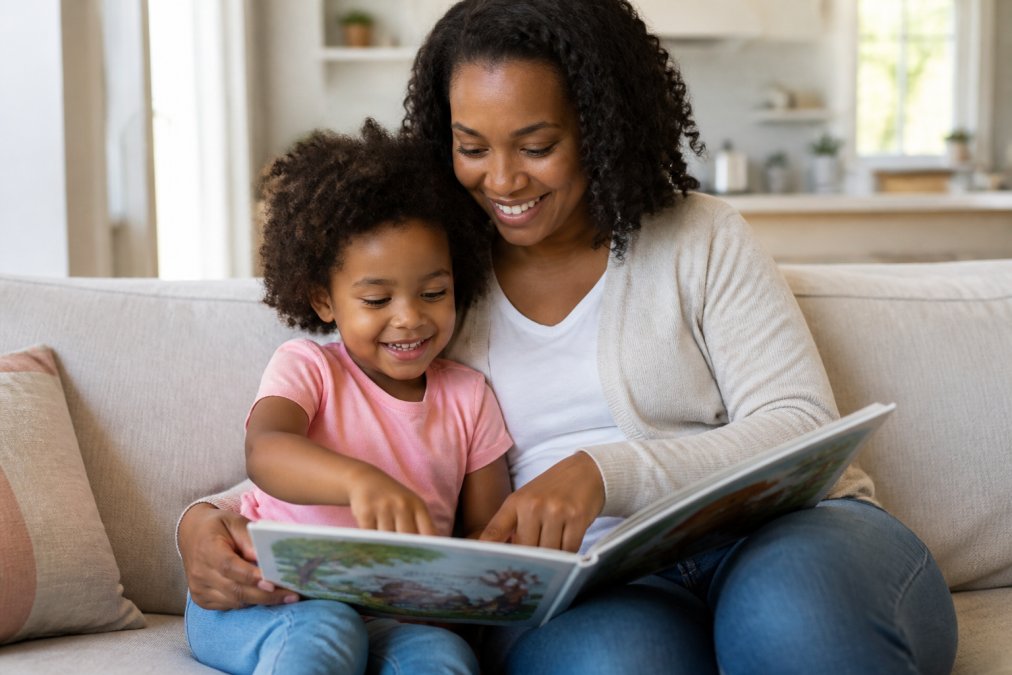 Parent and preschooler smiling while reading a picture book together on a cozy couch in a sunlit room