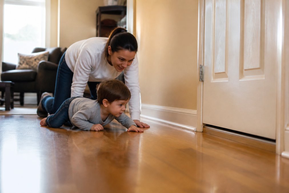 A parent and young child practicing crawling low on the floor of a bright living room, the parent guiding the child with a calm reassuring smile