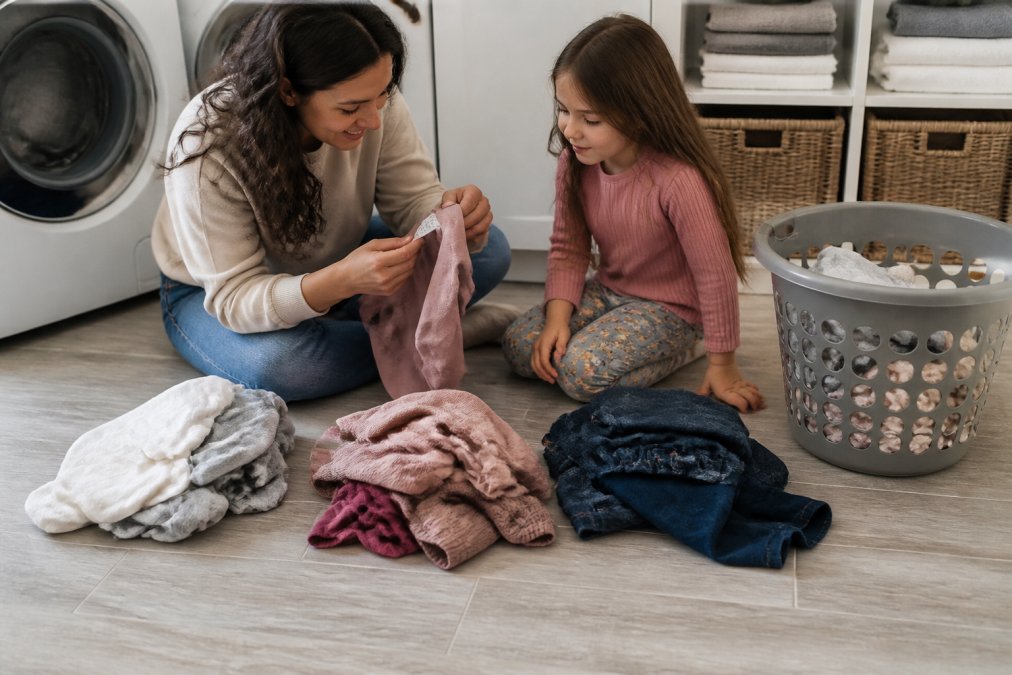 Parent and child sorting colorful clothes into laundry piles on the floor