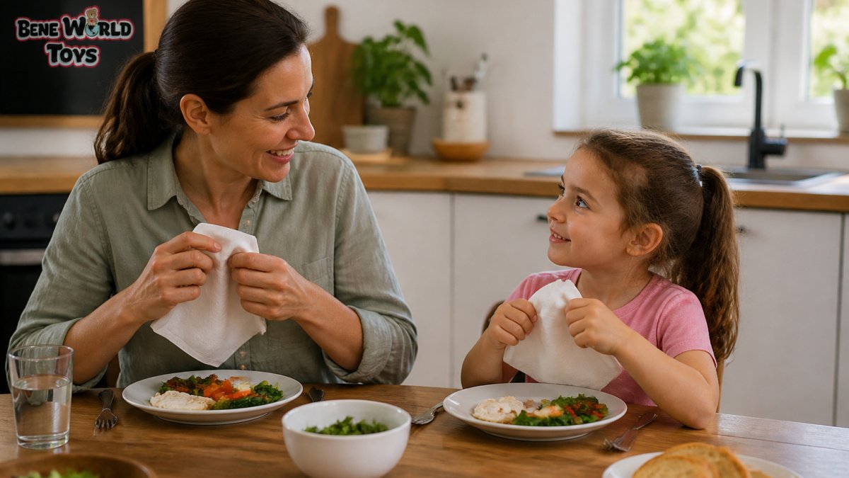 Parent and four-year-old child sharing a meal at a wooden table in natural kitchen light, parent demonstrating polite eating with napkin and positive eye contact while child watches and mimics