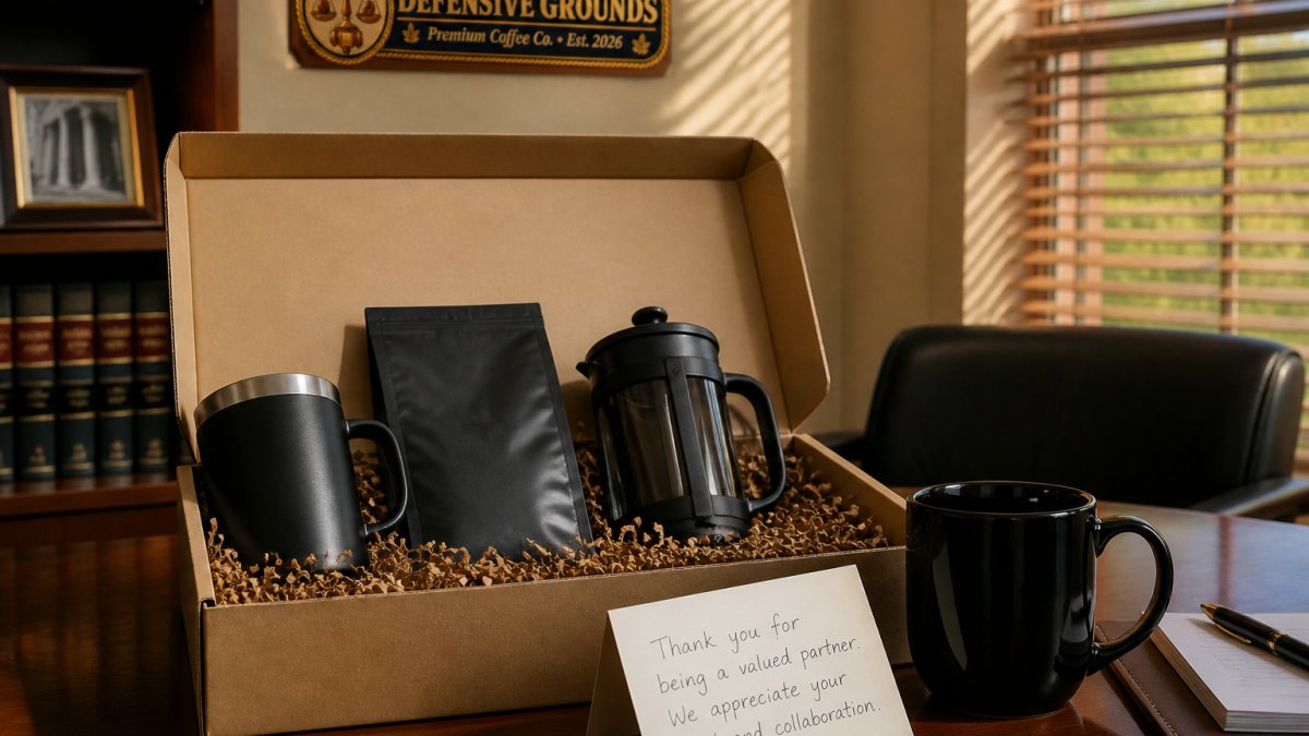 Coffee gift box with a branded mug and handwritten card on a polished wood office desk