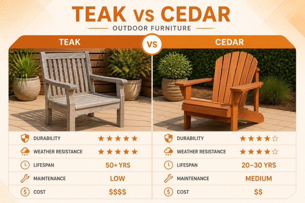 Infographic comparing the durability and appearance of teak vs cedar furniture on a backyard deck
