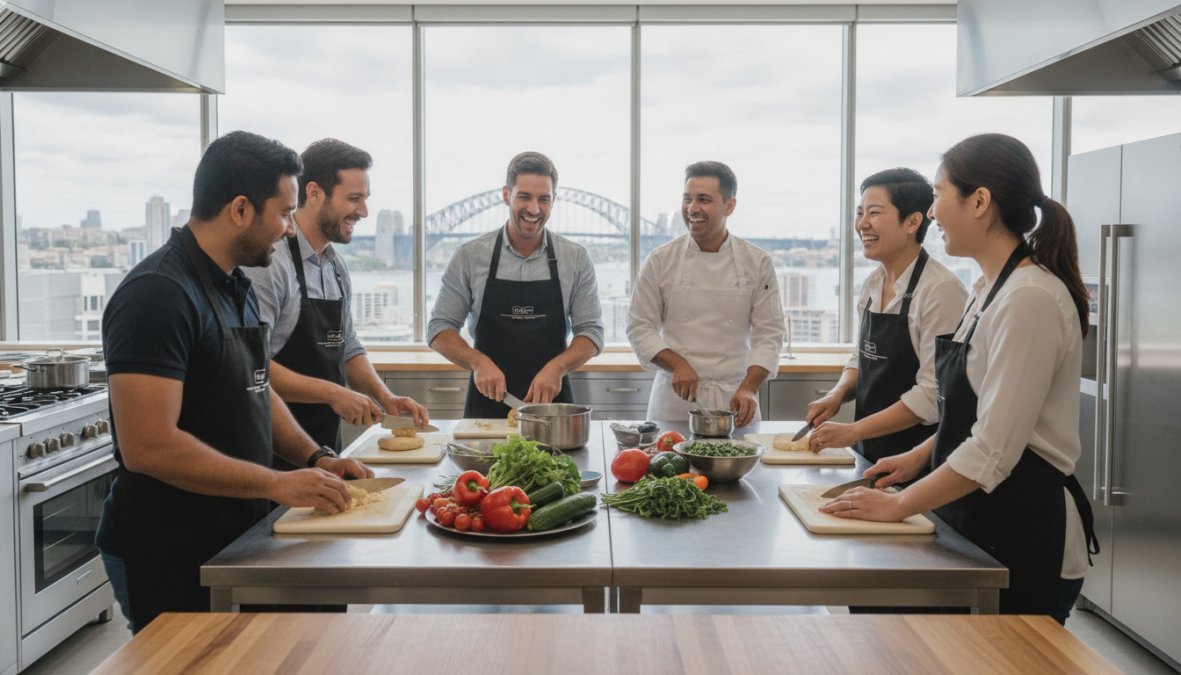 Diverse group of Sydney corporate professionals laughing and plating food together at a stainless steel commercial kitchen station, overhead pendant lighting, hands-on and engaged