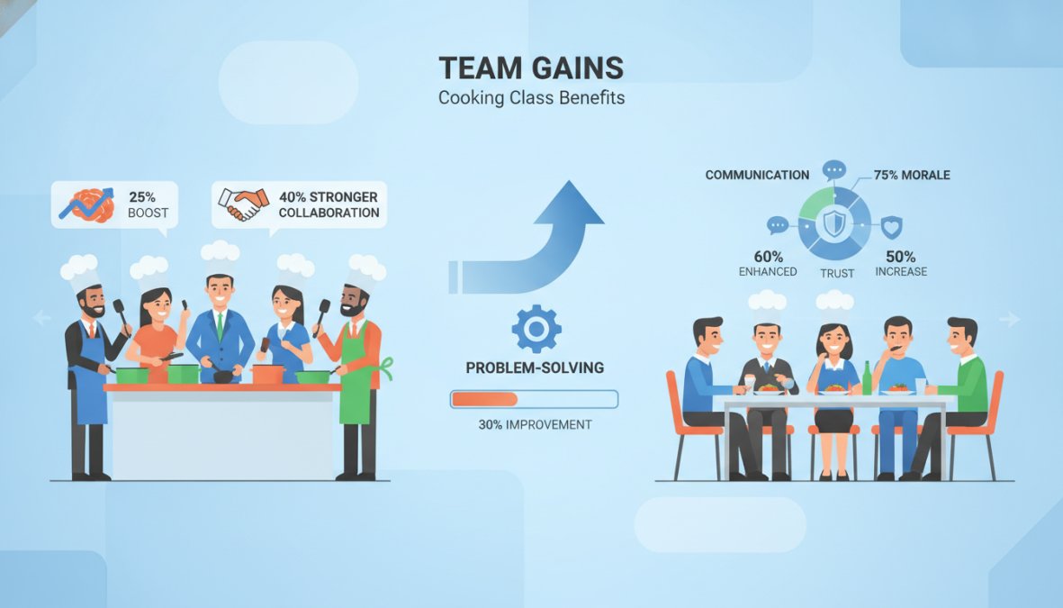 Sydney corporate team of eight people seated around a long dining table, genuinely laughing and sharing dishes they cooked together, warm restaurant lighting, relaxed and celebratory atmosphere