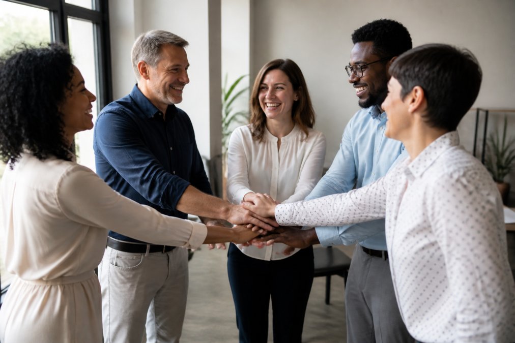 Professional illustration showing diverse and team and five concepts for team building exercises for conflict resolution