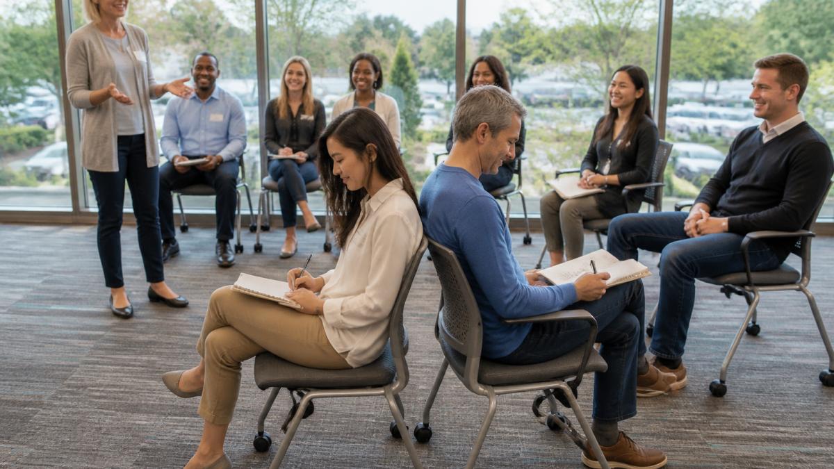 Diverse professionals participate in a guided exercise for rebuilding trust in a bright conference room.