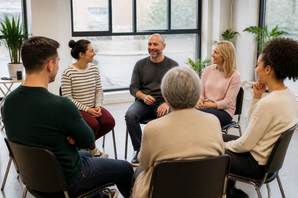 A diverse group of colleagues sitting in a circle during a workshop, engaged in conversation with open body language and genuine smiles, natural office lighting
