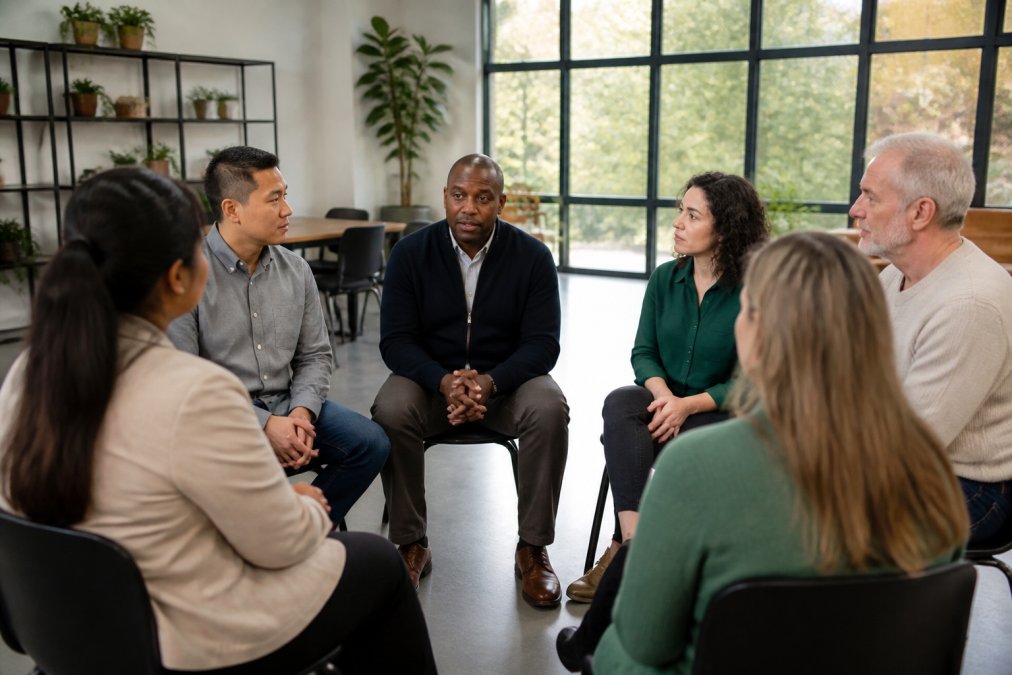 A diverse group of employees sitting in a circle during a facilitated team discussion, showing engaged body language and active listening in a modern office meeting space with natural light